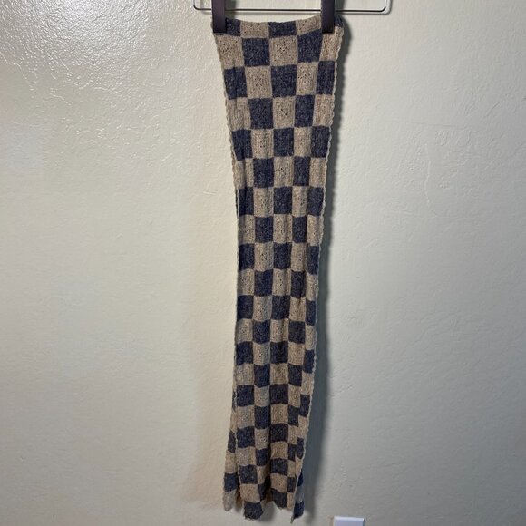 Margaret O’Leary Long Knit Scarf Blue Cream Checkered Linen Wool 80 Inch - Picture 2 of 10